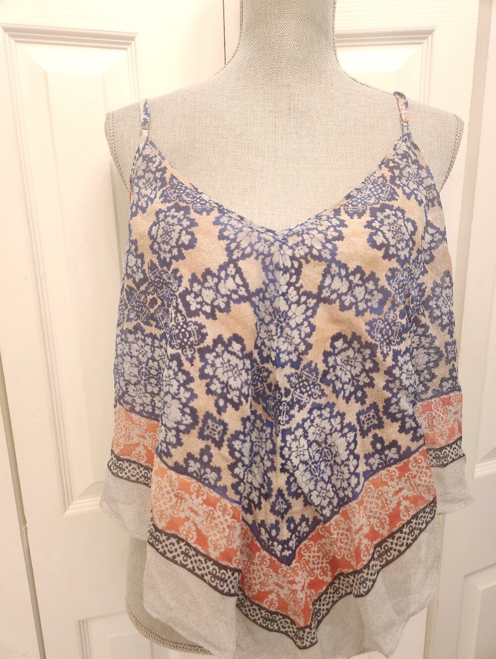 BCBGMaxAzria Blue and Coral Printed Spaghetti Strap Camisole